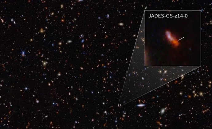 Essa galáxia, JADES-GS-z14-0 (mostrada na imagem desdobrada), é uma das galáxias mais distantes já observadas com o JWST. De acordo com esse último estudo, ela pode abrigar uma estrela escura supermassiva em seu núcleo.