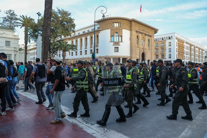 RABAT, Sept. 29, 2025  -- Police and security forces are seen during a demonstration demanding for better public services in Rabat, Morocco, Sept. 28, 2025. Young people took to the streets in downtown Rabat on Sunday and called for reform of the educatio