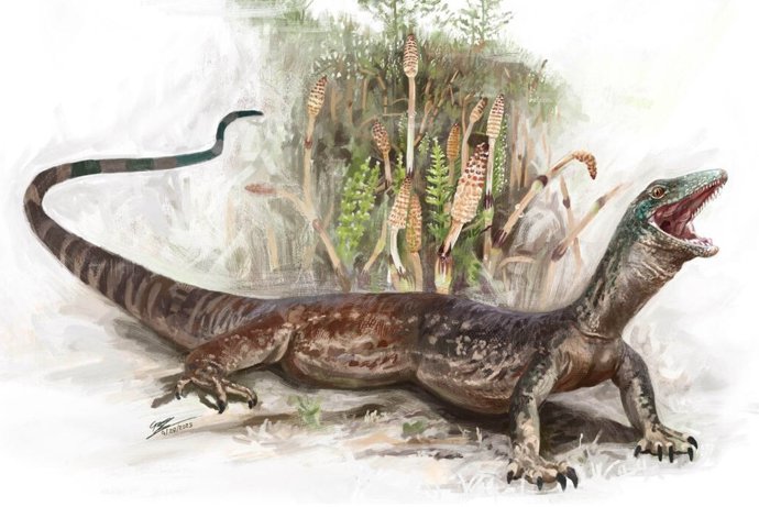 Uma reconstrução do Breugnathair elgolensis, a espécie jurássica recentemente descrita com características de lagartos e cobras.