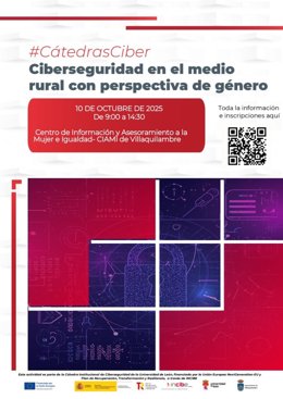 Cartel de la jornada 'Ciberseguridad rural con perspectiva de género' que se desarrollará en Villaquilambre (León).