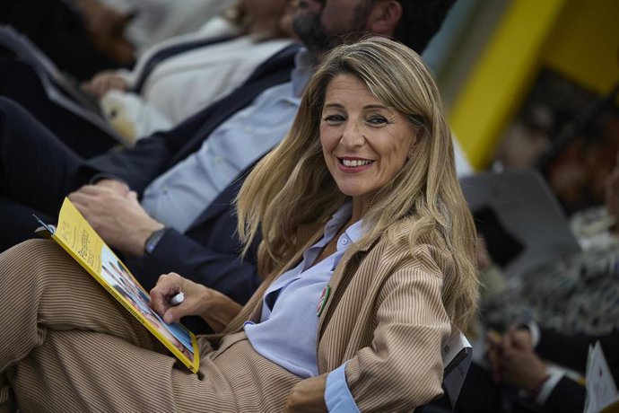 La vicepresidenta segunda y ministra de Trabajo y Economía Social, Yolanda Díaz, durante la presentación del Plan Estratégico 2025-2027, en la Escuela de la Inspección de Trabajo y Seguridad Social, a 2 de octubre de 2025, en Madrid (España). El plan se d