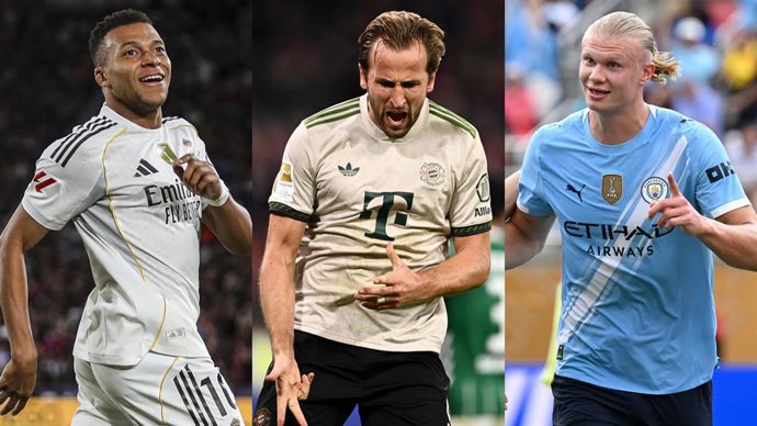 Da esquerda para a direita, o francês Kylian Mbappé (Real Madrid), o inglês Harry Kane (Bayern de Munique) e o norueguês Erling Haaland (Manchester City).