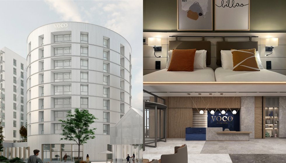 Render del exterior de voco Nantes (Izquierda). Imagen de una habitación de voco Bilbao City (Arriba derecha) y render del vestíbulo de voco Antalya- Konyaalt (Abajo a la derecha).