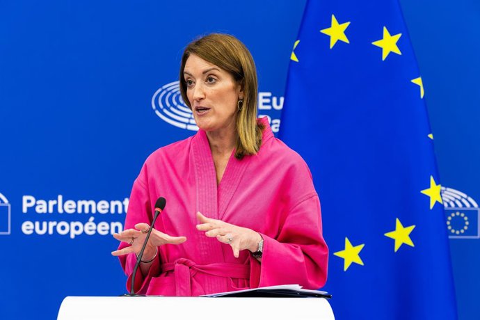 Archivo - 08 July 2025, France, Strassburg: Roberta Metsola, President of the European Parliament, speaks to media representatives during a press conference. Denmark takes over the EU Council Presidency again on July 1. The plenary session week begins wit
