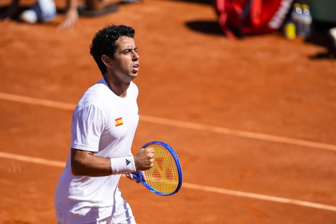 Jaume Munar of Spain gestures against August Holmgren and Johannes Ingildsen of Denmark during their men’s doubles tennis match to 2025 Davis Cup Qualifiers Second Round between Spain and Denmark at Club Tennis Puente Romano on September 14, 2025, in Mala