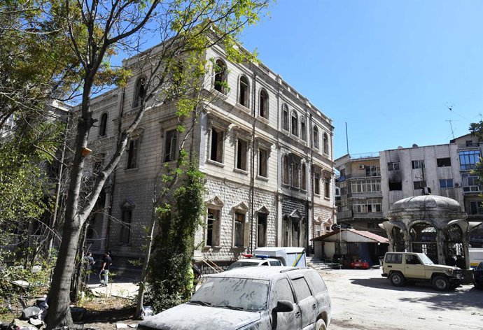 DAMASCUS, Oct. 2, 2025  -- A historical building which is also the former site of Syria's Interior Ministry is pictured after part of its ceiling collapsed during renovation at Marjeh Square in central Damascus, Syria, Oct. 1, 2025.