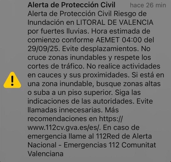 Emergencias envía un mensaje Es-Alert el 28 de septiembre a los móviles ante la alerta roja por lluvias