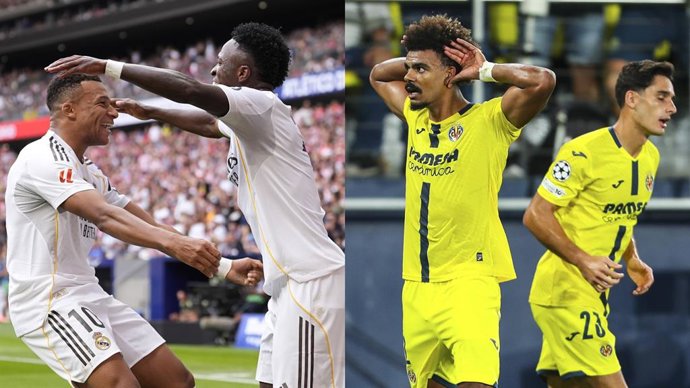 Los delanteros del Real Madrid Kylian Mbappé y Vinícius Júnior celebran un gol en el Riyadh Air Metropolitano (izquierda) y el defensa del Villarreal CF Renato Veiga, en un partido de Champions.
