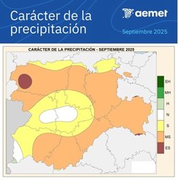 Mapa elaborado por la Aemet sobre el carácter de las precipitaciones caídas en CyL en septiembre de 2025