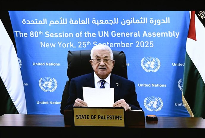 UNITED NATIONS, Sept. 25, 2025  Palestinian President Mahmoud Abbas delivers a speech via video link during the General Debate of the 80th session of the United Nations General Assembly (UNGA) at the UN headquarters in New York, on Sept. 25, 2025.