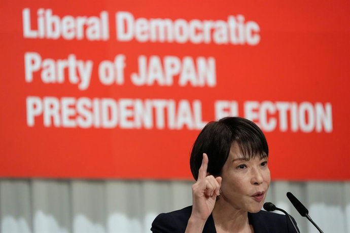 September 23, 2025, Tokyo, Japan: Japan's former Economic Security Minister Sanae Takaichi answers questions during the Liberal Democratic Party (LDP) presidential election candidates joint press conference at LDP headquarters in Tokyo.