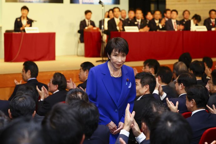TOKYO, Oct. 4, 2025  -- Sanae Takaichi is pictured after winning Japan's ruling Liberal Democratic Party (LDP) presidential election at the LDP headquarters in Tokyo, Japan, Oct. 4, 2025. Japan's former Economic Security Minister Sanae Takaichi won Japan'