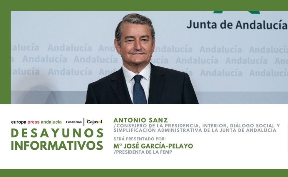 Cartel anunciador del desayuno informativo de Europa Press Andalucía con el consejero de la Presidencia, Antonio Sanz, presentado por la presidenta de la FEMP, María José García Pelayo, el lunes 6 de octubre en Sevilla