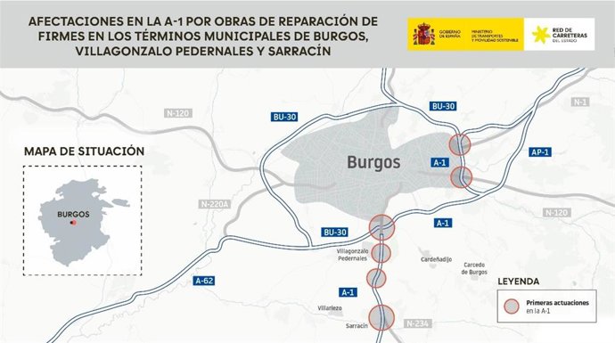 Mapa de los puntos de la A-1 donde se realizarán las obras de mejora del firme.