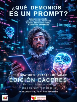 Cartel del taller de IA que impartirá la Diputación de Cáceres para gestores artísticos