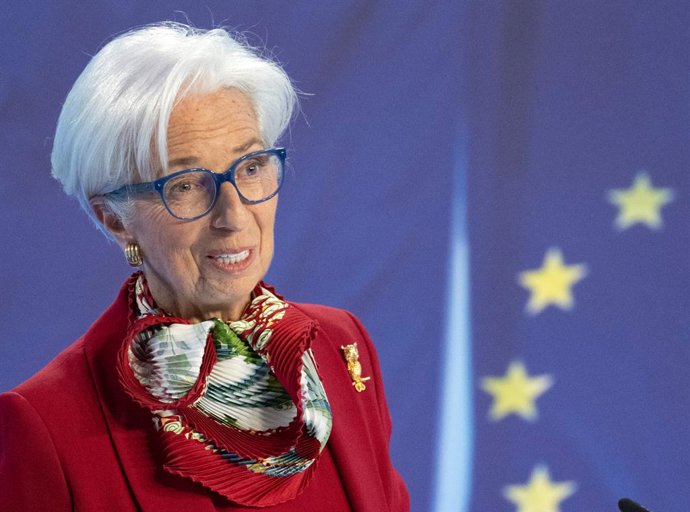 Archivo - FILED - 16 March 2023, Hesse, Frankfurt_Main: President of the European Central Bank (ECB) Christine Lagarde speaks at a press conference on the Bank's current Governing Council meeting. Lagarde confirms the continuation of strong inflationary p