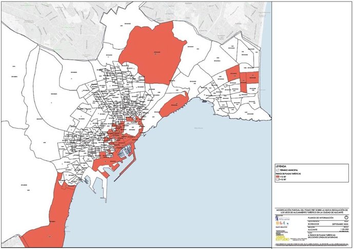 Mapa elaborado por el Ayuntamiento de Alicante sobre de las zonas de la ciudad en las que se supera el límite de 0,187 plazas turísticas por habitante y que, por tanto, se consideran saturadas urbanísticamente