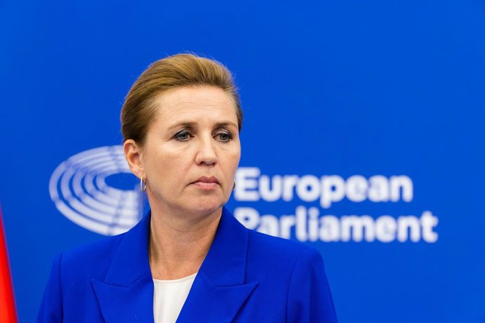 Archivo - 08 July 2025, France, Strassburg: Mette Frederiksen, Prime Minister of Denmark, speaks to media representatives during a press conference. Denmark takes over the EU Council Presidency again on July 1. The plenary session week begins with, among 
