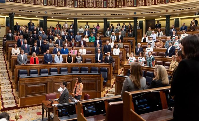 Los diputados de Sumar con camisetas de apoyo a Palestina durante una sesión plenaria, en el Congreso de los Diputados, a 7 de octubre de 2025, en Madrid (España). El Pleno del Congreso debate y vota hoy la Iniciativa Legislativa Popular (ILP) promovida p