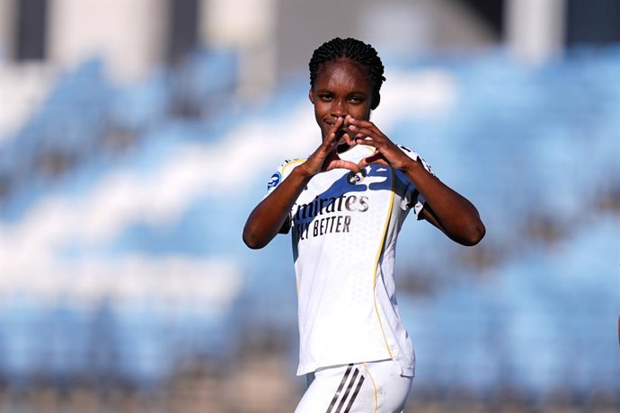 Linda Caicedo of Real Madrid celebrates a goal during the Spanish Women League, Liga F, football match played between Real Madrid and FC Levante Badalona at Alfredo Di Stefano stadium on October 04, 2025, in Valdebebas, Madrid, Spain.