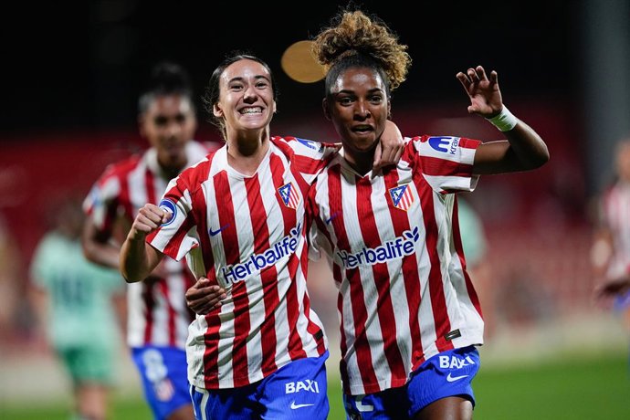 Julia Bartel Holgado of Atletico de Madrid celebrates a goal with Luany Vitoria of Atletico Madrid during the Spanish Women League, Liga F, football match played between Atletico de Madrid and Levante UD at Centro Deportivo Alcala de Henares on September 