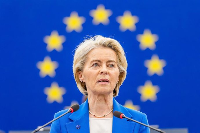 La presidenta de la Comisión Europea, Ursula von der Leyen, durante la sesión parlamentaria en Estrasburgo.