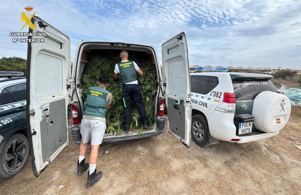 Agentes de la Guardia Civil durante la intervención de una de las plantaciones de marihuana desmanteladas en Roquetas de Mar y El Ejido (Almería).