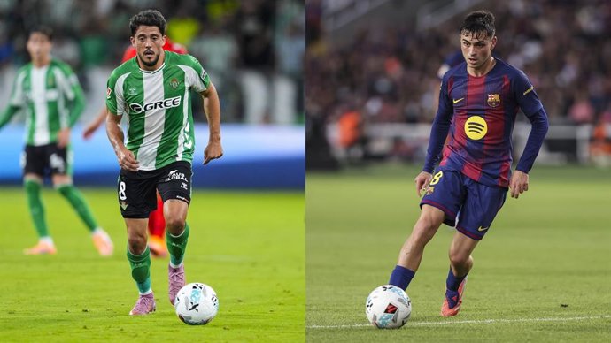 El centrocampista del Real Betis Pablo Fornals y el del FC Barcelona Pedri González.