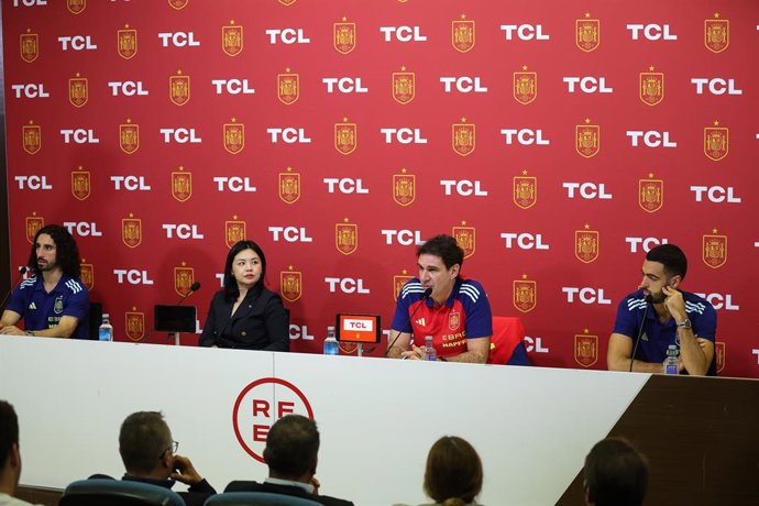 Marc Cucurella of Spain, Aitor Karanka, Aitor Karanka, development Director of Spain, and Mikel Merino of Spain attend during a press conference prior to the 2026 World Cup qualifying matches against Georgia and Bulgaria, at the Ciudad del Futbol, on Octo