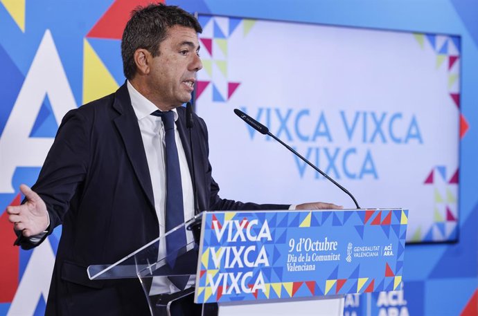 El president de la Generalitat Valenciana, Carlos Mazón, en la presentació de la campanya institucional amb motiu del 9 d'Octubre. Imatge d'arxiu.