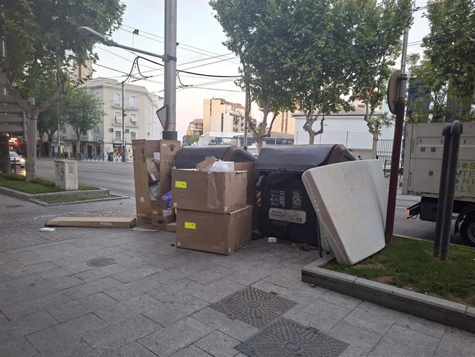 Enseres depositados junto a un contenedor en el Paseo de la Estación.