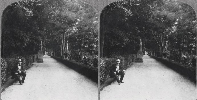 Paseo de las estatuas (1907). Fotografía estereoscópica, una de las más antiguas del Real Jardín Botánico.