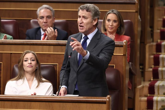 O presidente do Partido Popular, Alberto Núñez Feijóo, fala durante uma sessão de Control al Gobierno, no Congresso dos Deputados, em 7 de outubro de 2025, em Madri (Espanha). A sessão plenária do Congresso vota hoje sobre o embargo de armas contra Israel