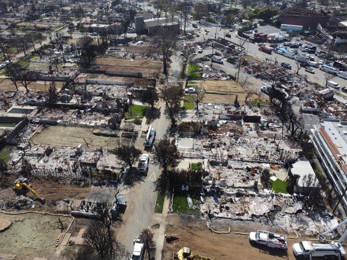 Archivo - Arquivo - 22 de março de 2025, Pacific Palisades, Califórnia, Estados Unidos: Operários trabalham na remoção das cinzas das casas e na reconstrução dos serviços públicos. (Nota do editor: imagens tiradas por drone.) Pacific Palisades foi uma das