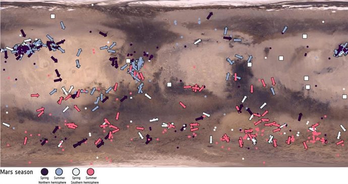 Mapa que muestra la dirección y la ubicación de los 'diablos de polvo' en Marte.