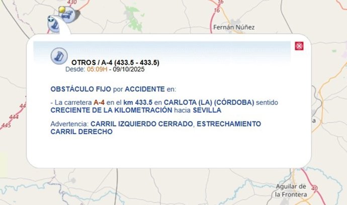 Cortado un carril de la A-4 en La Carlota (Córdoba) por un accidente