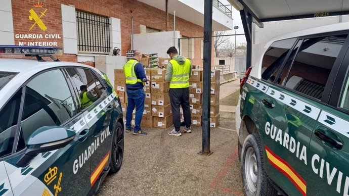 Agentes de la Guardia Civil con los vapeadores ilegales interceptados a bordo de dos camiones que circulaban por la provincia.