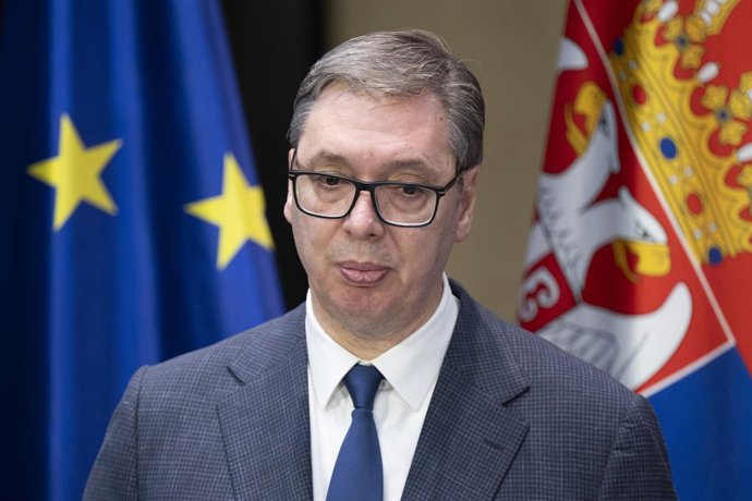 Archivo - 10 December 2024, Saxony, Freiberg: Serbian President Aleksandar Vucic speaks during a press conference with German Chancellor Olaf Scholz in the City and Mining Museum. The topic of the meeting in the Ore Mountains is sustainable lithium extrac