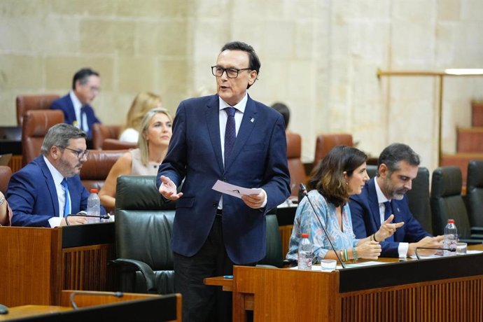 El consejero de Universidad, José Carlos Gómez Villamandos, en el Pleno del Parlamento del 9 de octubre de 2025.