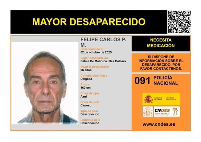 Alertan de la desaparición en Palma de un hombre de 66 años que necesita mediación