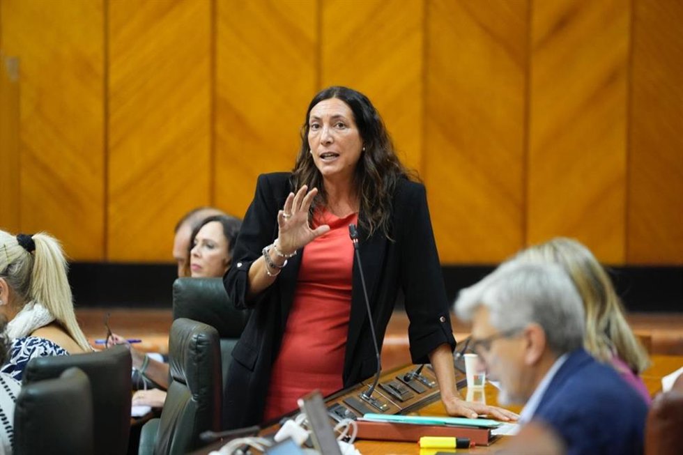 La consejera de Inclusión Social, Juventud, Familia e Igualdad, Loles López, en el pleno del Parlamento de Andalucía. A fecha de 09 de octubre de 2025.