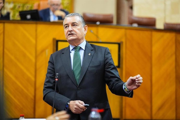 El consejero de Presidencia, Interior, Diálogo Social y Simplificación Administrativa, Antonio Sanz, en pleno del Parlamento de Andalucía. A fecha de 09 de octubre de 2025.
