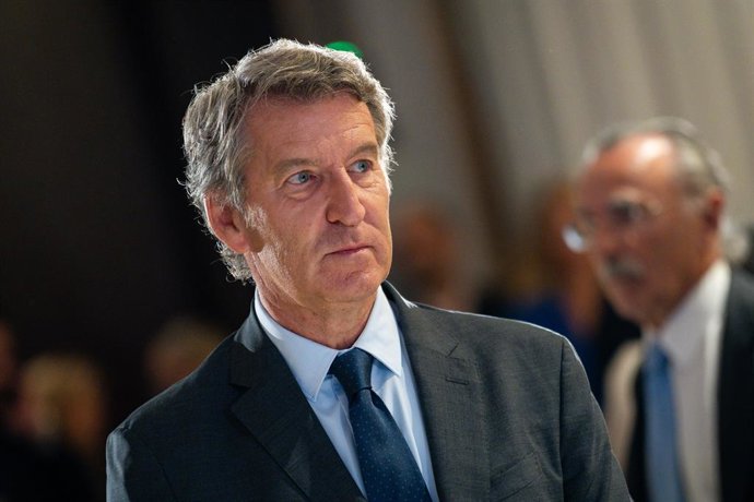 September 15, 2025, Madrid, Madrid, SPAIN: Alberto Nunez Feijoo, president of the Popular Party and leader of the opposition in Spain, is hosting the Europa Forum news breakfast with the mayor of Madrid, Jose Luis Martinez-Almeida, where they discussed th