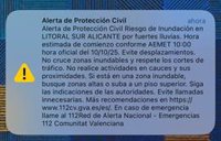 Emergencias envía un Es-Alert a los móviles del litoral sur de Alicante por la alerta roja por lluvias de este viernes