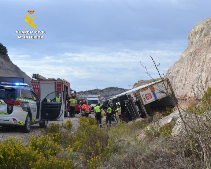 Camión implicado en un accidente en la N-122 y cuyo conductor cuadruplicó la tasa de alcoholemia.