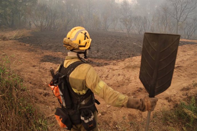 Un bombero forestal trata de extinguir el fuego en Lornís, a 18 de septiembre de 2025, en Pantón, Lugo, Galicia (España).