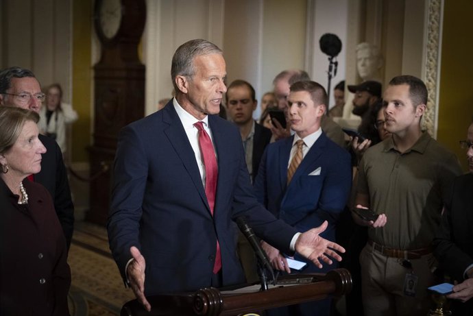 September 30, 2025, Washington, District Of Columbia, USA: Senate Republican Majority Leader JOHN THUNE (R-SD) gives his weekly press conference at the Ohio Clock Corridor. Senate Republican leaders urged passage of a "simple clean continuing resolution" 