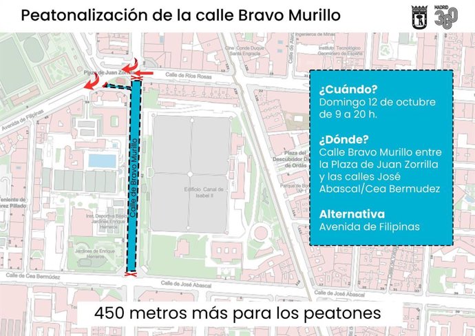 Hasta 450 metros de Bravo Murillo, entre Juan Zorrilla, José Abascal y Cea Bermúdez, serán peatonalizados este domingo