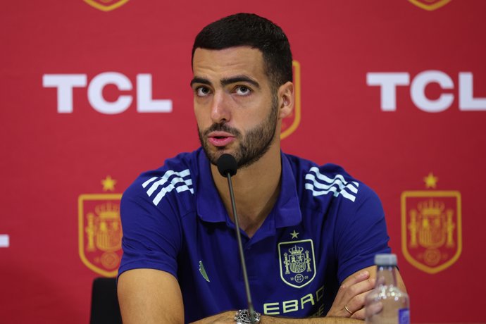 Mikel Merino of Spain attends during a press conference prior to the 2026 World Cup qualifying matches against Georgia and Bulgaria, at the Ciudad del Futbol, on October 8, 2025, in Las Rozas, Madrid, Spain.