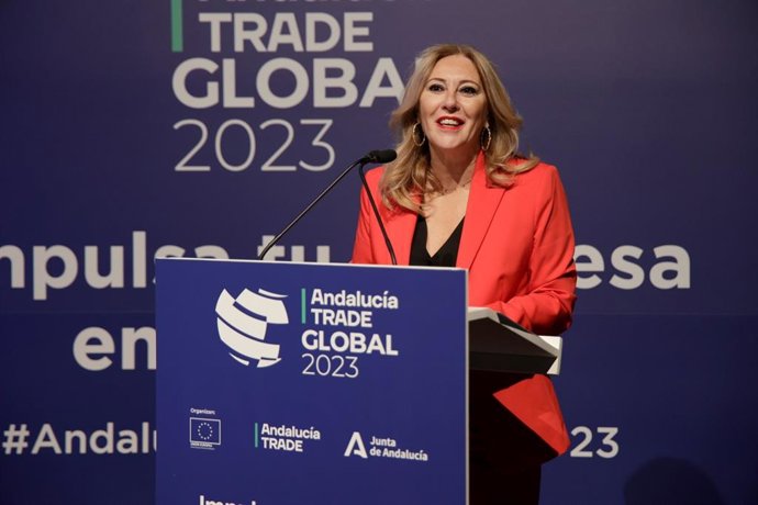 La consejera de Economía, Hacienda y Fondos Europeos y portavoz del Gobierno andaluz, Carolina España, en la edición de Andalucía Trade Global 2023. Imagen de archivo.